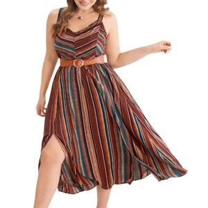 Bloomchic Striped Midi Dress Spaghetti Straps VNeck Rayon Brown Blue Women 18/20